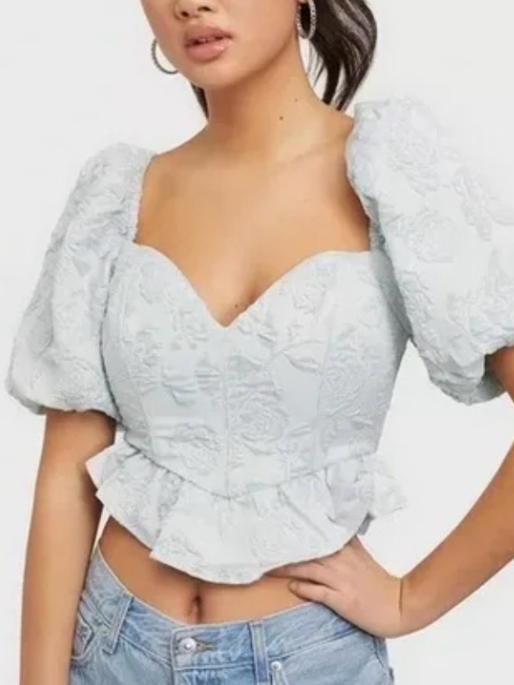 For Love and Lemons Sweetheart Neck Puff-Sleeve Brocade Crop Top Light Blue